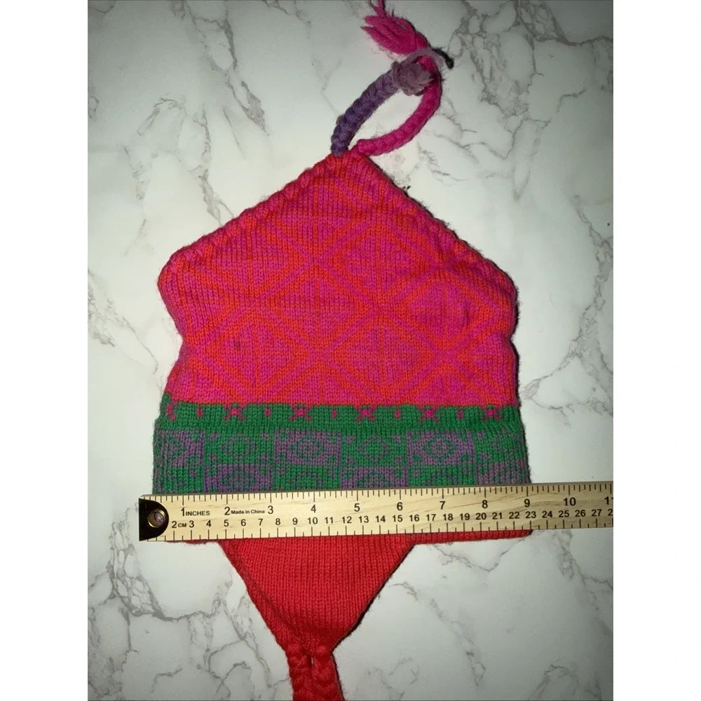 VTG Obermeyer Wool Hat Kids Bright Neon Retro USA 100% Wool Winter Ski Ear Flaps